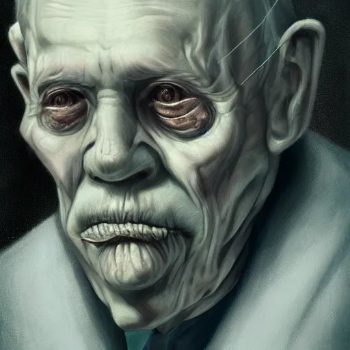 Image similar to eerie portrait of creepy pale old man with fish like facial features, painted, trending on art station, love craftian, dark lighting