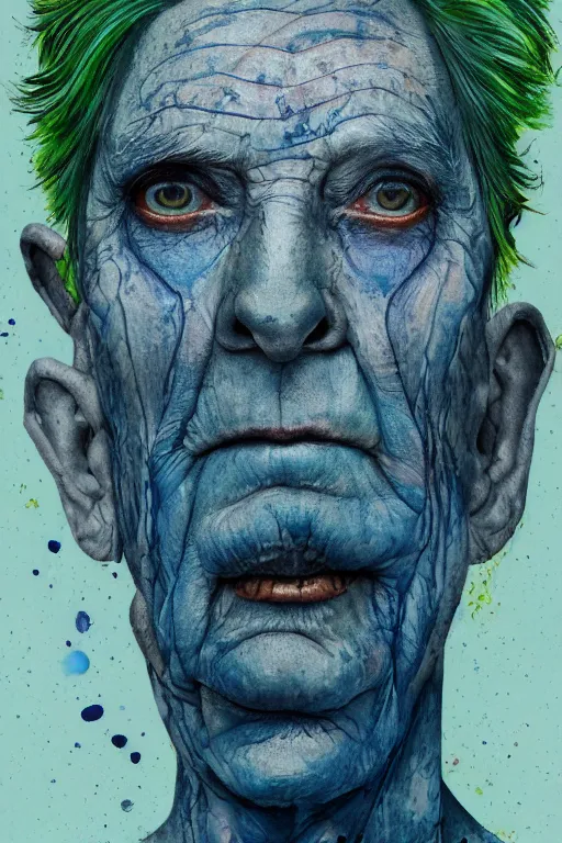 Prompt: portrait of a old person with aquarelle painted skin. close up, very dark blue-green hair, luminous eyes, dark flower pattern wallpaper background, high detail, by Eddie Mendoza