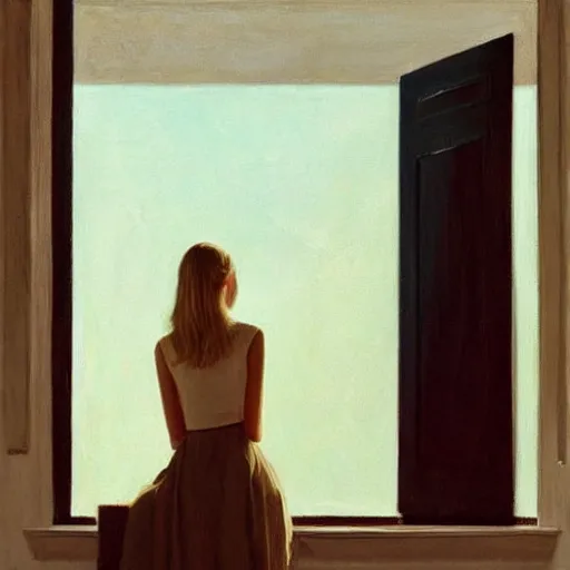 Image similar to Painting of Elle Fanning next to an Oblivion portal, long blonde hair, delicate, pale milky white porcelain skin, by Edward Hopper. 8K. Extremely detailed.