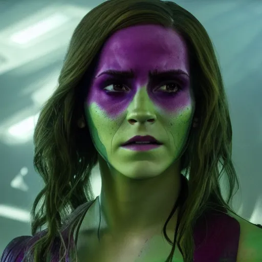 Prompt: Film still of Emma Watson as Gamora, from Guardians of the Galaxy Vol. 2 (2017), full shot