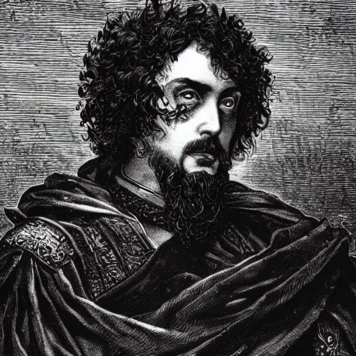 Image similar to closeup portrait of lord macbeth, the thane of glamis, high detail, illustration by gustave dore