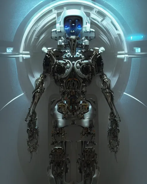 Image similar to benevolent cyborg necromancer, scifi, futuristic, helpful, kind, intelligent, alien room background, white, blue, gold, highly detailed, trending on artstation, soft light, holy machine, advanced technology, art by vitaly bulgarov and nivanh chanthara and lance wilkinson