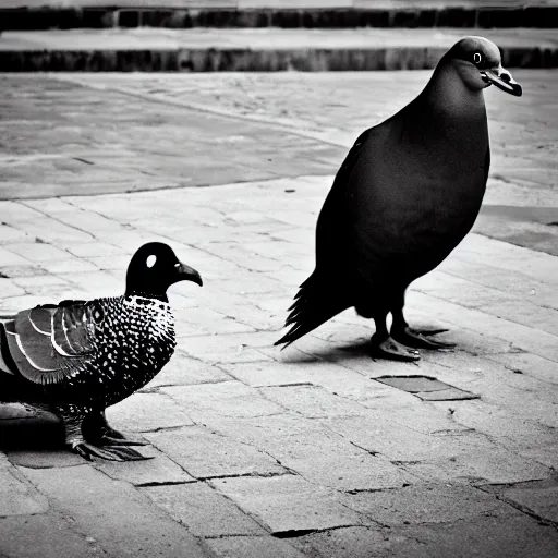 Image similar to a mexican pigeon being complacent with a french platypus spy, in the middle of pissa square italy, sepia anime style