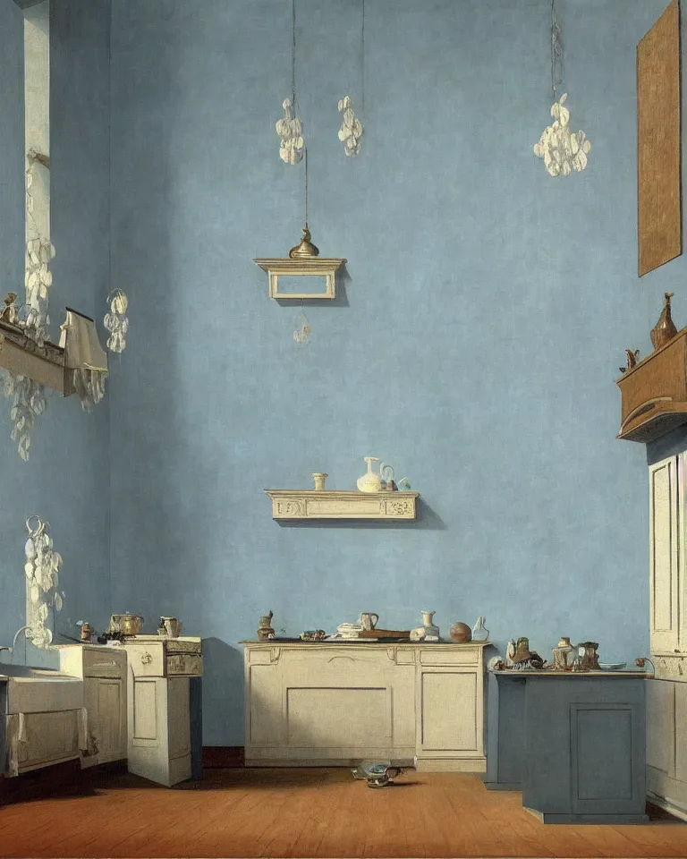 Image similar to achingly beautiful painting of a sophisticated, well - decorated kitchen on baby blue background by rene magritte, monet, and turner. giovanni battista piranesi.