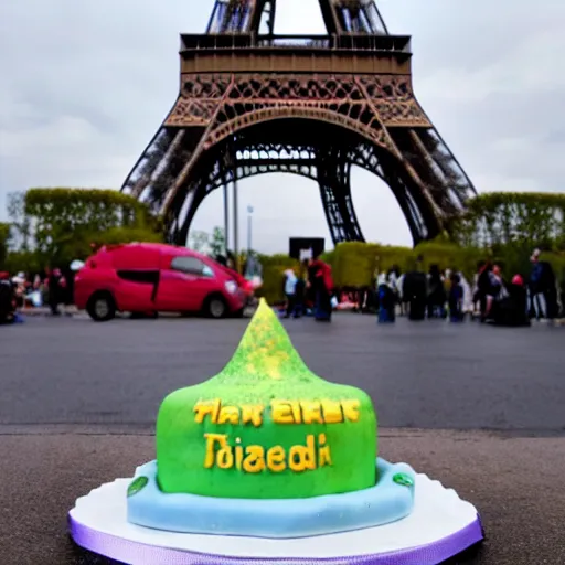 Prompt: a cake on a sidewalk in front of the eiffel tower