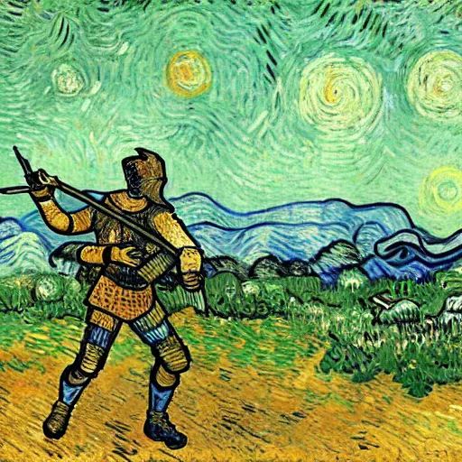 Prompt: a knight, shooting a dragon with an ak-47, by Van Gogh