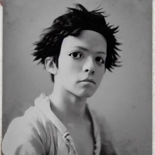 Image similar to a daguerrotype photo of luffy cosplayer, very early film stock, 1 8 0 0 s, vintage