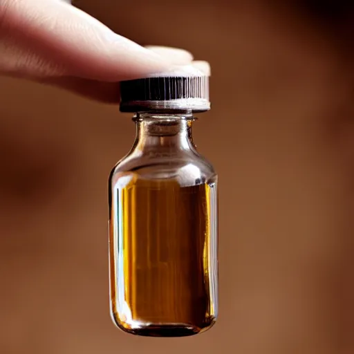 Image similar to small medicine bottle held between two fingers