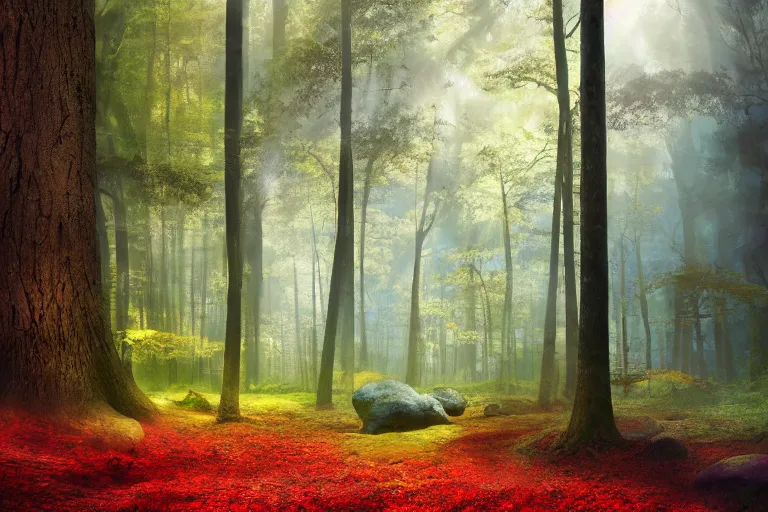 Prompt: deep moody forest made of candy, peppermint stick trees, cotton candy bushes, big colorful rock candy boulders, gumdrop mushrooms, chocolate creek, dark mood. mysterious realistic painting. photo collage, highly detailed, cinematic, hyperrealistic, artstation, dramatic lighting, god rays, clean crisp graphics, smooth sharp focus, extremely detailed