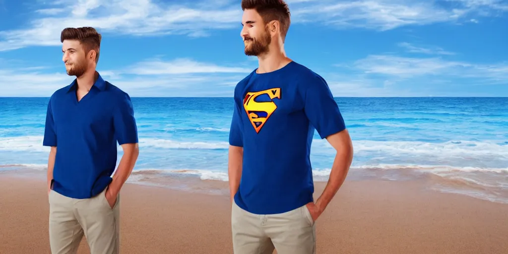 Image similar to a handsome guy is standing tall, in a beautiful shirt, with the beach, sea, sun, rays in the background? super detail, one character