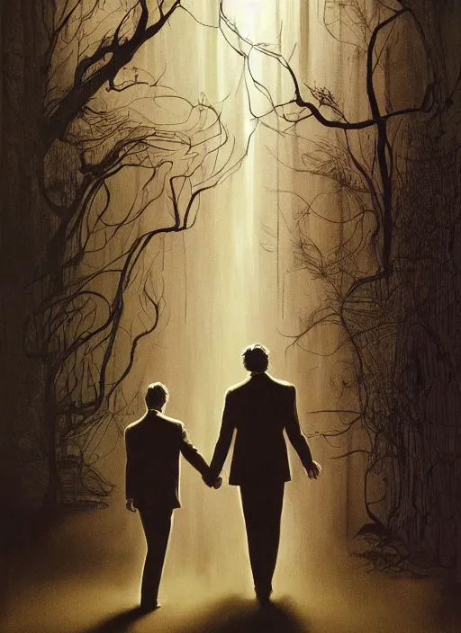 Prompt: portrait of Mads Mikkelsen and Hugh Dancy holding hands romantically as they chaperone school dance by (Zdzislaw Beksinski), Michael Whelan, Bob Larkin and Tomer Hanuka, simple illustration, domestic, nostalgic, clean, Matte painting, trending on artstation and unreal engine, New Yorker magazine cover