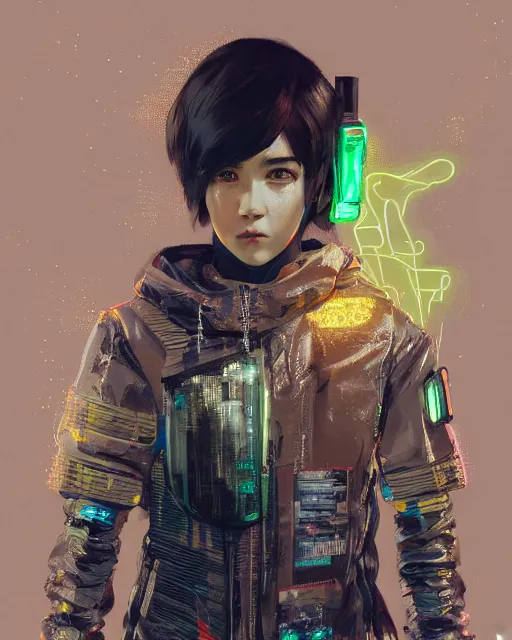 Prompt: detailed portrait neon guard girl with very short brown hair seen from the back, cyberpunk futuristic, reflective puffer jacket, black leggings, decorated with traditional japanese ornaments by ismail inceoglu dragan bibin hans thoma, perfect face, fine details, realistic shaded, fine - face, pretty face