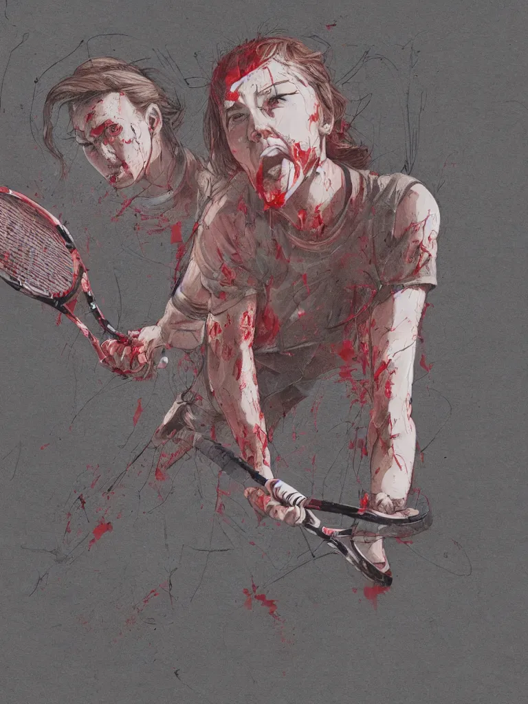 Prompt: young adult woman playing tennis, cyberpunk, painful, cardboard, blood stains on shirt, blood on tennis court, bleeding audience, illustration, traditional drawing style, dramatic mood, textured canvas, highly detailed, fine art, melancholic art, oil pastels, 8 k render octane high definition cgsociety