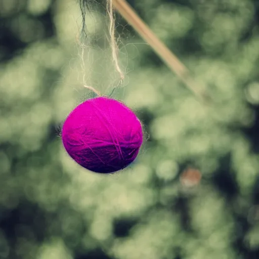 Image similar to hairy colorful balls of yarn in the shape of a chablis, 35mm, f1.4, bokeh