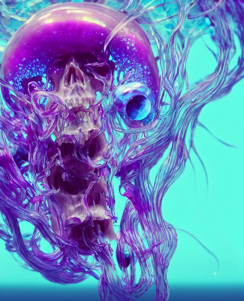 Prompt: close-up portrait of skull dichroic orchid jellyfish skull, betta fish, bioluminiscent creatures, intricate artwork by Tooth Wu and wlop and beeple. octane render, trending on artstation, greg rutkowski very coherent symmetrical artwork. cinematic, hyper realism, high detail, octane render, 8k