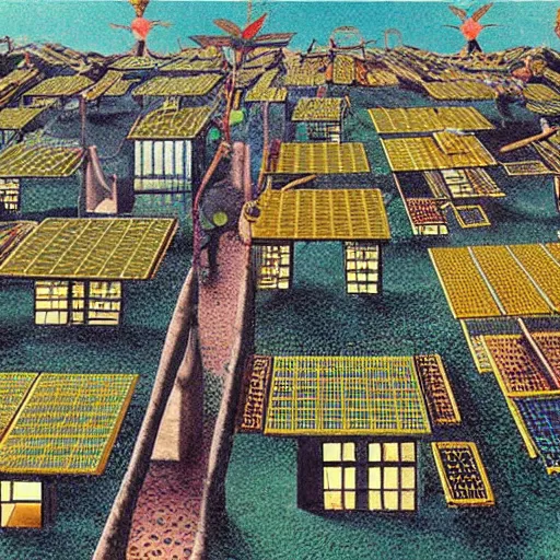 Image similar to solarpunk village with solarroofs, salvador dali style