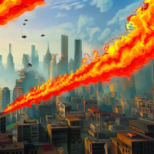 Prompt: a City on fire, money flying through the skies, professional cartoon illustration, trending on artstation, 3D