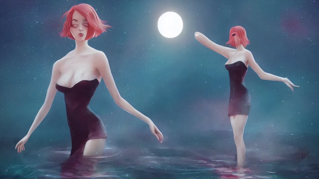 Image similar to whimsical, a beautiful whimsical woman, wearing professional makeup, standing in a lake, raising an arm, under a binary black hole with a ring, by Ilya Kuvshinov, by Tom Bagshaw, by artgerm, by Studio Ghibli, face enhance, volumetric lighting, 4k resolution, octane render, trending on artstation