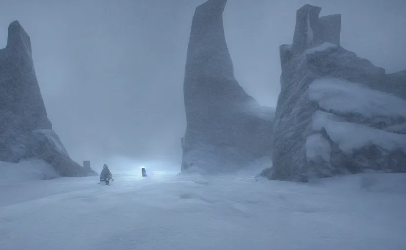 Image similar to the wall in the snowstorm, doomy, Unreal Engine, cinematic photography, highly-detailed, games of thrones, HBO, high resolution, 8k, photorealistic, stunning volumetric lighting