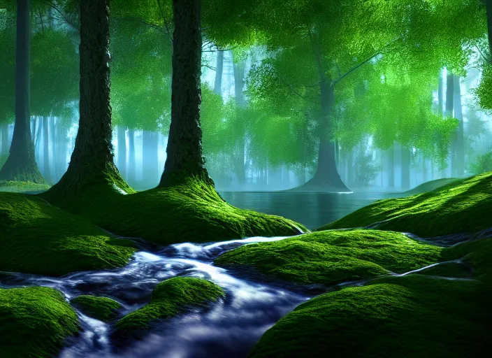 Image similar to hyperrealism, detailed textures, photorealistic 3 d render, a surreal mystical forest with a bright winding blue creek, sharp focus, ultra realistic, ultra high pixel detail, cinematic, intricate, cinematic light, concept art, illustration, art station, unreal engine 8 k