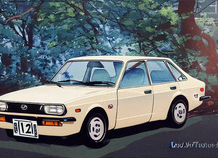 Image similar to beautiful yoshitaka amano art of a datsun bluebird 5 1 0, detailed painting