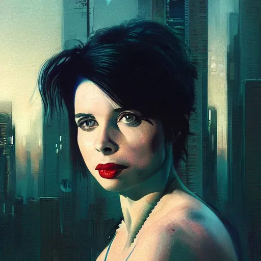 Prompt: molly millions, closeup portrait of a young beautiful isabella rossellini, mirror eye implants, black hair in a rough shag, sunset, neuromancer, street samurai, cyberpunk city background, megacity, gorgeous view, depth, painted by seb mckinnon, high detail, digital art, painted by greg rutkowski, trending on artstation