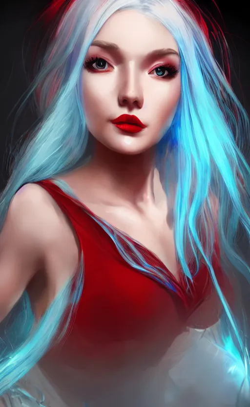 Image similar to the prettiest woman with silver blue hair, in a red and white dress portrait, dynamic lighting, fantasy concept art, trending on art station, stunning visuals, creative, cinematic, ultra detailed, ray tracing, sun rays, hyper realistic