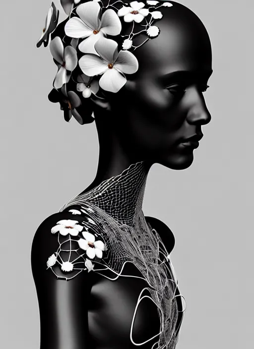 Prompt: black and white 3 d octane render, elegant biomechanical beautiful young female cyborg with a porcelain profile face, analog, big leaves foliage and stems, morning glory flowers, hibiscus flowers, boho floral vines, hexagonal mesh fine wire, monochrome, sinuous fine roots, art nouveau fashion embroidered, steampunk, mandelbrot fractal