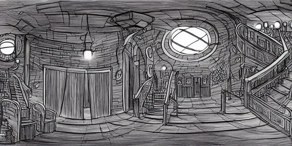 Image similar to a dimly lit, theater hall, 3 doors, 1 staircase, day of the tentacle style, drawn by Peter Chan, fish eye