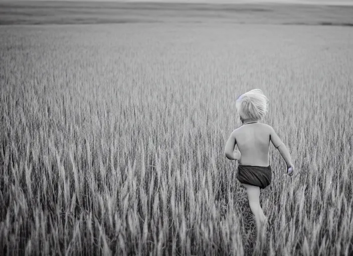 Image similar to a blond toddler seen from the back, running in a wheat field in the warm sunset light, beautifully lit, grainy art photograph