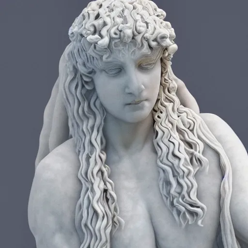 Image similar to a delicate renaissance marble sculpture of the Greek Priestess Medusa covered with water veil, highly detailed transparent marble cloth, gi, global illumination, physically based rendering, photorealistic, top light, dark background