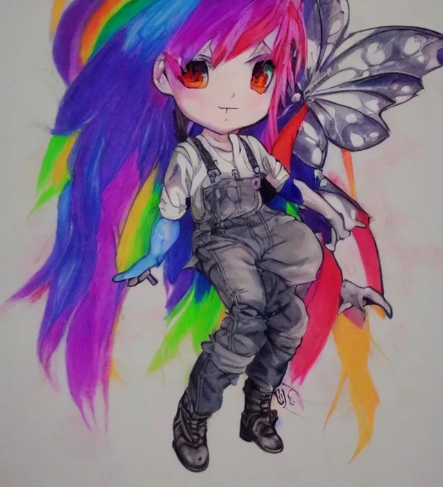 Image similar to full body pose, hd, manga anime portrait of a fairy girl in combat boots and overalls, rainbow hair, in ishikawa ken frank miller jim lee alex ross style detailed trending award winning on flickr artstation,