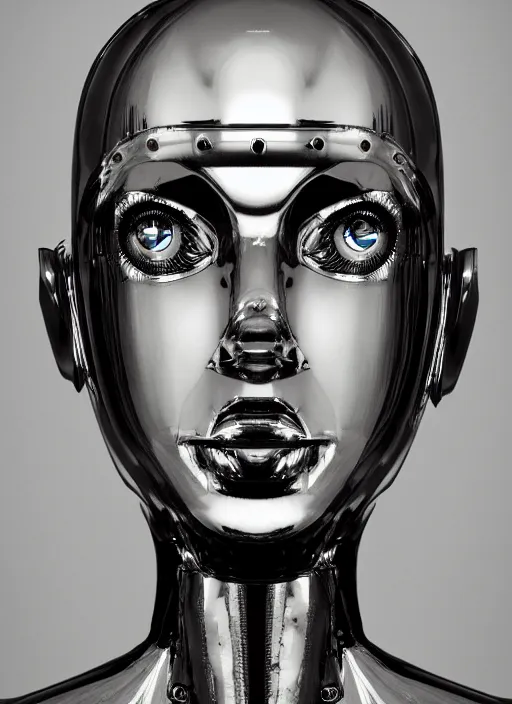 Image similar to portrait of robot queen with chrome skin and sodium dome car headlights for eyes