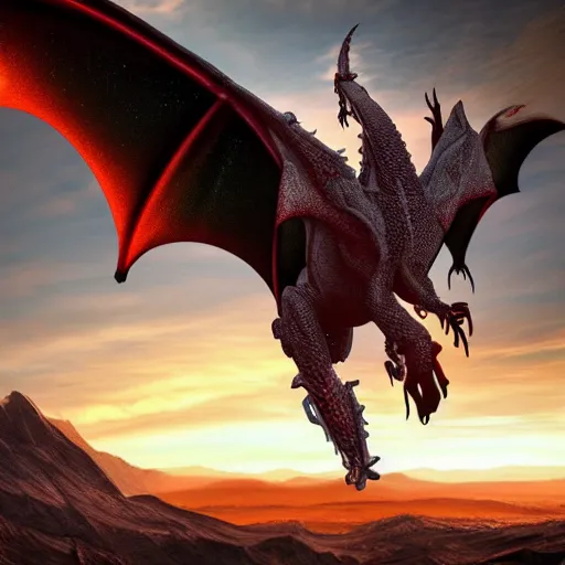 Image similar to a photorealistic alien that is a hybrid of a medieval dragon and a eagle in the sky during a sunset, ultra realistic, 4 k highly detailed