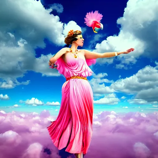 Prompt: goddess wearing a flamingo fashion on the clouds, photoshop, colossal, creative, giant, digital art, photo manipulation, clouds, sky view from the airplane window