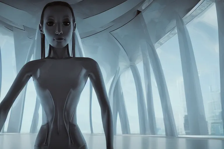 Image similar to vfx movie scene closeup portrait of beautiful blue skin fit alien woman dancing in in yoga pants in sleek futuristic decadent spaceship pillars, alien antenna, futuristic ballroom. big eyes, giant windows view of earth obit. by emmanuel lubezki