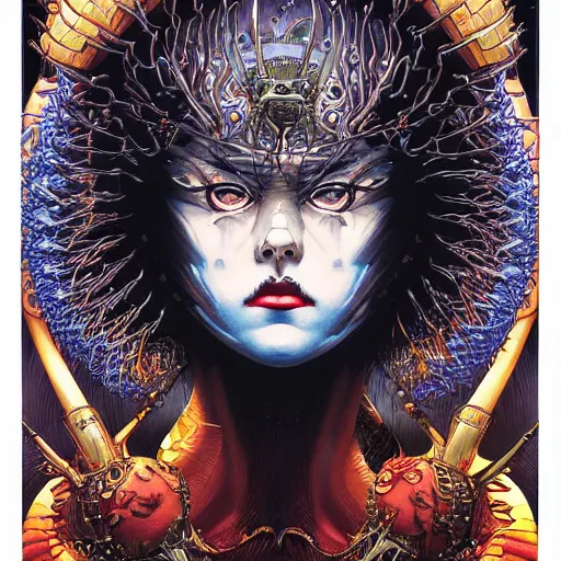 Image similar to portrait of crazy queen, symmetrical, by yoichi hatakenaka, masamune shirow, josan gonzales and dan mumford, ayami kojima, takato yamamoto, barclay shaw, karol bak, yukito kishiro