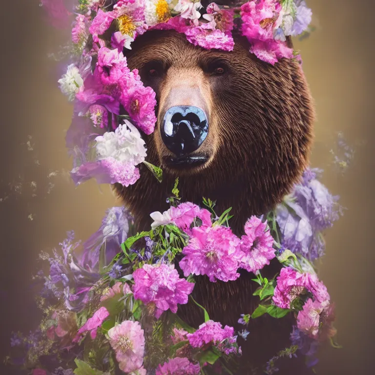 Prompt: a very artistic picture of a bear with flowers on his head, beautiful and cute, long exposure, high quality, detailed, 8 k resolution, analytical art, art photography, moco