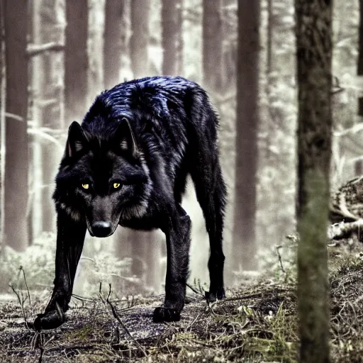 Prompt: a strong and fearsome black wolf stalking its prey through a dark and creepy forest, creepy, eerie, beautiful, 8k, high detail