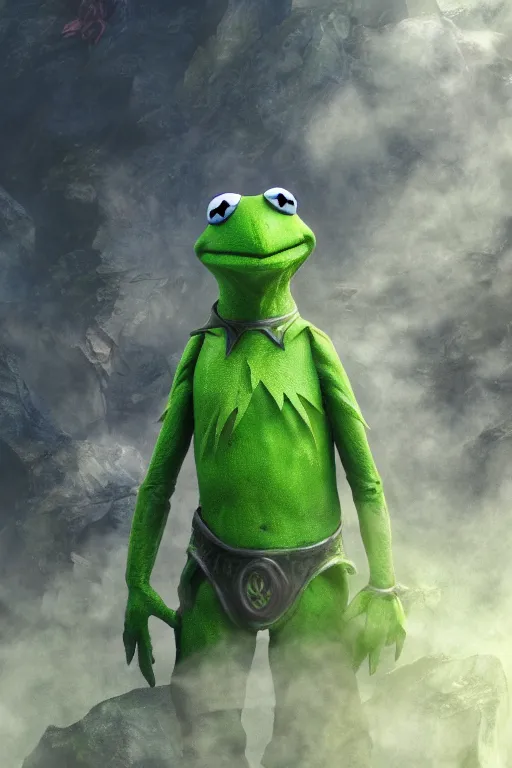 Prompt: an ultra detailed 3 d render of kermit the frog as an elden ring boss, epic anime fantasy, 8 k, in the style of a fantasy metal album cover and magic the gathering, volumetric lighting, smooth, highly detailed, digital illustration, octane render, art by albert bierstadt and greg rutkowsi, artstation