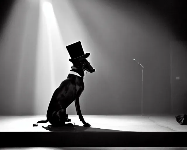 Image similar to greyhound wearing a black cloak and a top hat, under a spotlight, magician dog performing on stage