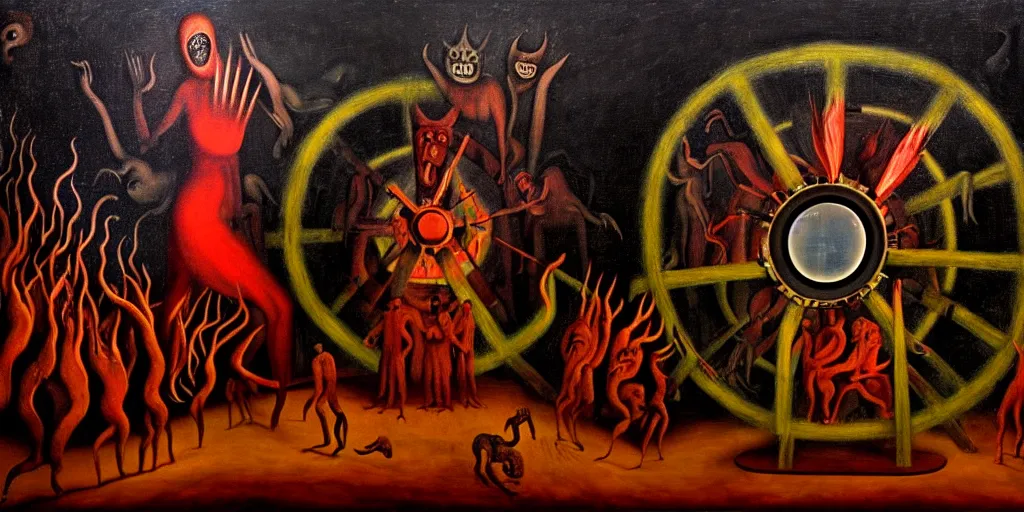 Image similar to trapped on a hedonic treadmill, dark uncanny surreal painting by leonora carrington, dramatic lighting from fire glow, mouth of hell, ixions wheel