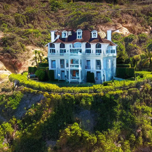 Prompt: a haunted mansion on a cliff overlooking the ocean, high quality