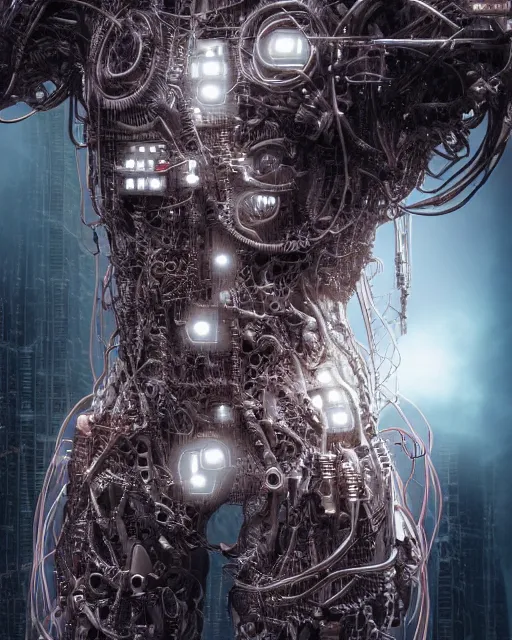 Prompt: photo of a biomechanical torso of a cyborg plugged into a quantum computer with cables and wires. cyberpunk horror style. art by luis royo. highly detailed 8 k. intricate. nikon d 8 5 0 5 5 mm. award winning photography.