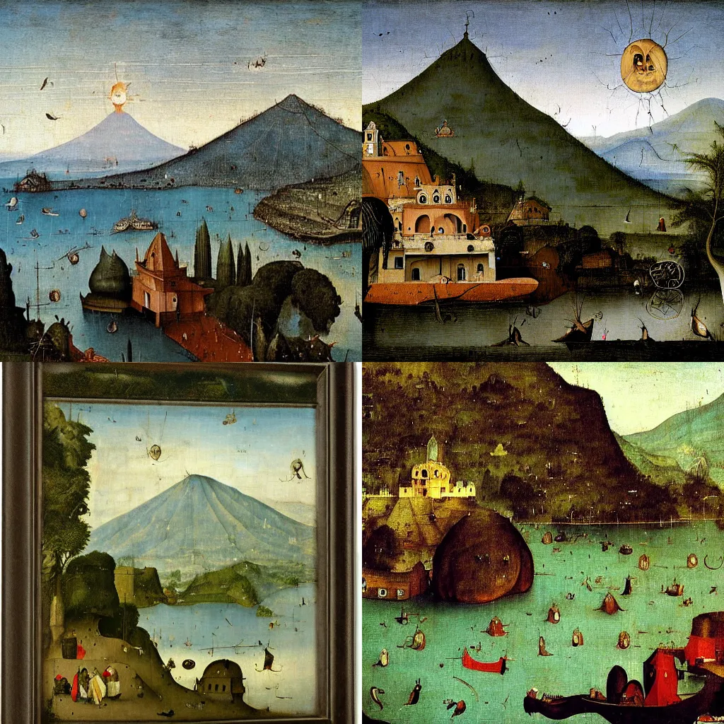 Prompt: guatemala's lake of atitlan painted by hieronymus bosch