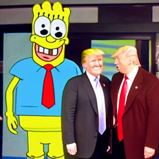 Image similar to cctv footage of spongebob meeting donald trump,