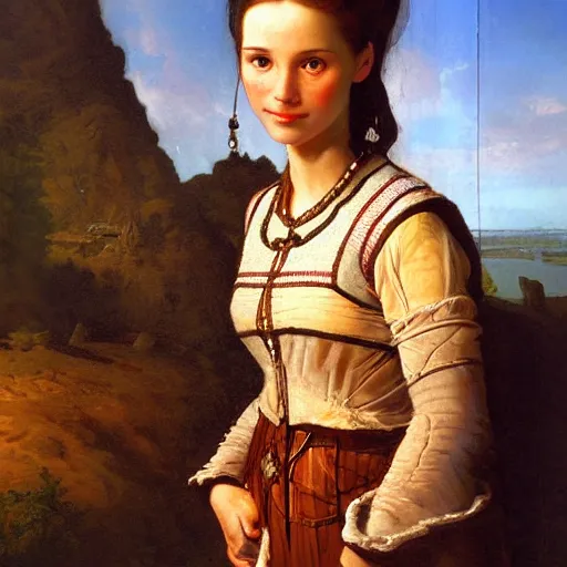 Image similar to portrait of a batavian woman ( 3 5 ) from dutch rhine delta ( that the romans called batavia ) in 2 5 0 a. d., an oil painting by ross tran and thomas kincade