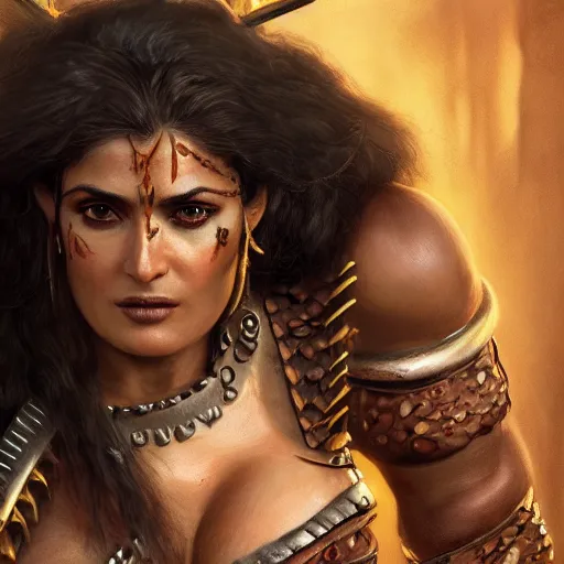 Image similar to salma hayek as barbarian warrior in jungle, au naturel, hyper detailed, digital art, trending in artstation, cinematic lighting, studio quality, smooth render, unreal engine 5 rendered, octane rendered, art style by klimt and nixeu and ian sprigger and wlop and krenz cushart.