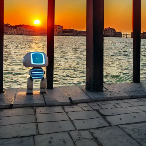 Image similar to two robots who faill in love in venice, sunset golden hour
