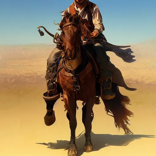 Image similar to Leo Varadkar as a cowboy, highly detailed, digital painting, cgsociety, concept art, sharp focus, illustration, art by artgerm and greg rutkowski and alphonse mucha,